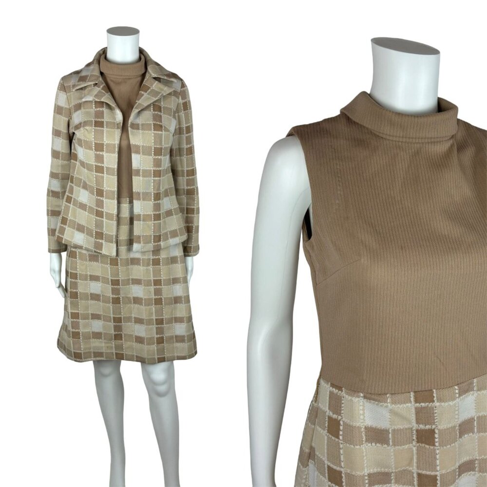 Vintage 60s Dress Set Women's Small Tan Checkered Polyester Matching Sheath Top